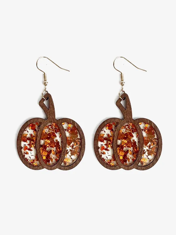 Festive Dangle Halloween Wooden Pumpkin Inlay Sparkling Acrylic Sequins Earrings sold by Allegra K