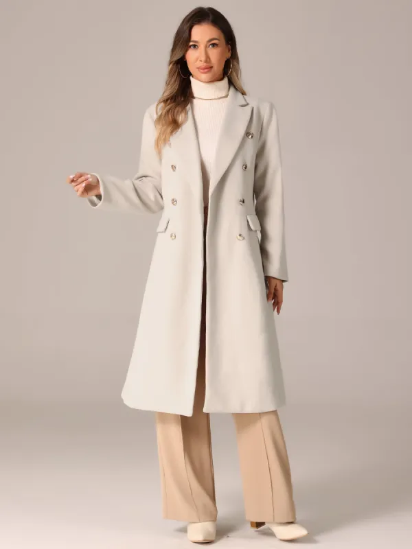 Double Breasted Notched Lapel Collar Long Winter Pea Coat sold by Allegra K