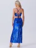 2 Pieces Sequin Spaghetti Straps Crop Top & High Waist Split Maxi Skirt Set sold by Allegra K