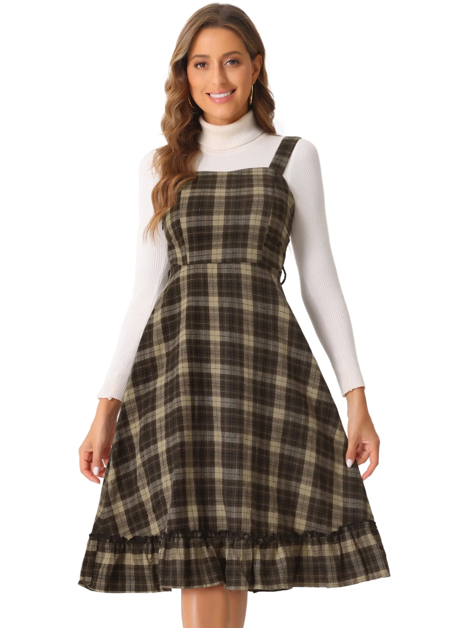 Plaid Ruffled Sleeveless Tie Waist A-Line Pinafore Overall Dress sold by Allegra K product image thumbnail 5