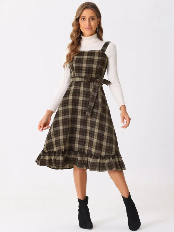 Plaid Ruffled Sleeveless Tie Waist A-Line Pinafore Overall Dress sold by Allegra K