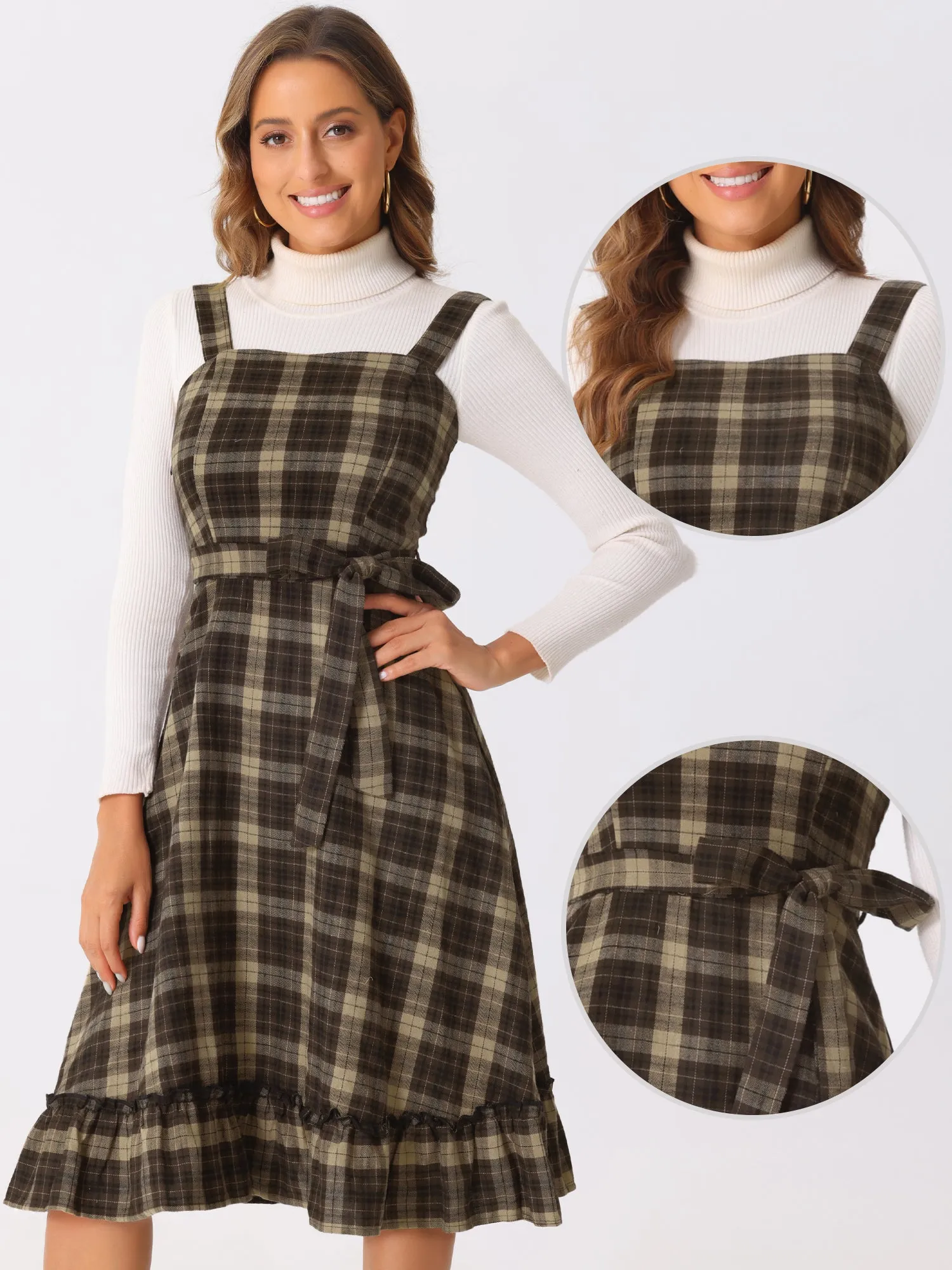 Plaid Ruffled Sleeveless Tie Waist A-Line Pinafore Overall Dress sold by Allegra K product image thumbnail 3