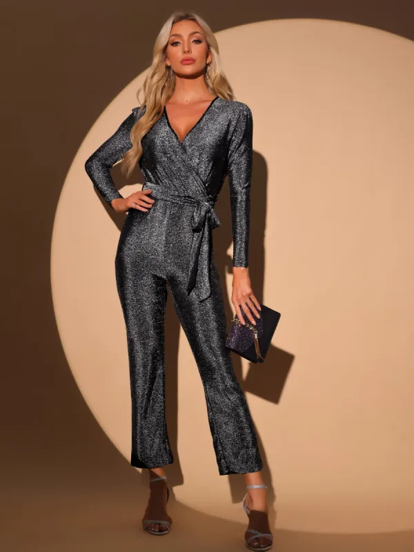 Glitter V Neck Long Sleeves Belted Tie Waist Jumpsuits sold by Allegra K