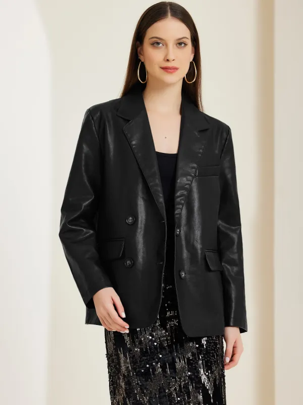 Faux Leather Pockets Notched Lapel Work Casual Blazer Jacket sold by Allegra K