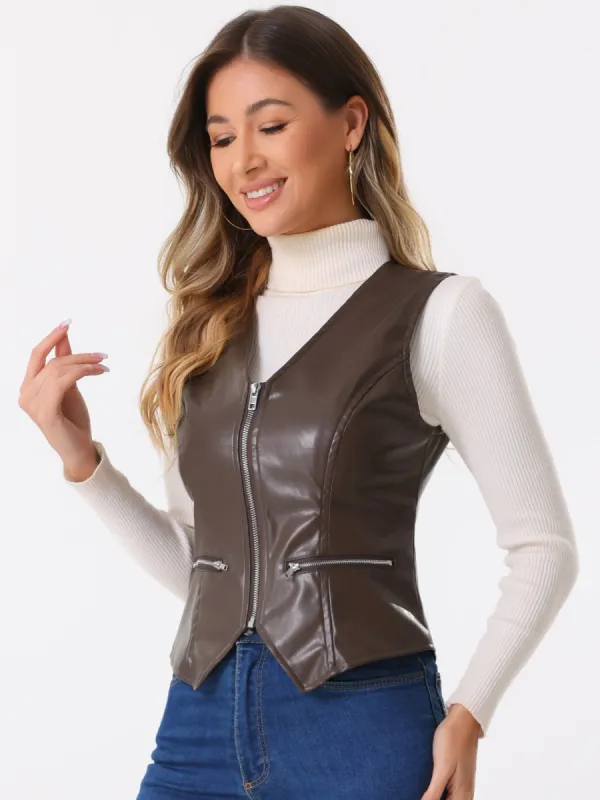 Faux Leather V Neck Sleeveless Zipper Motorcycle Biker Waistcoat Vest sold by Allegra K