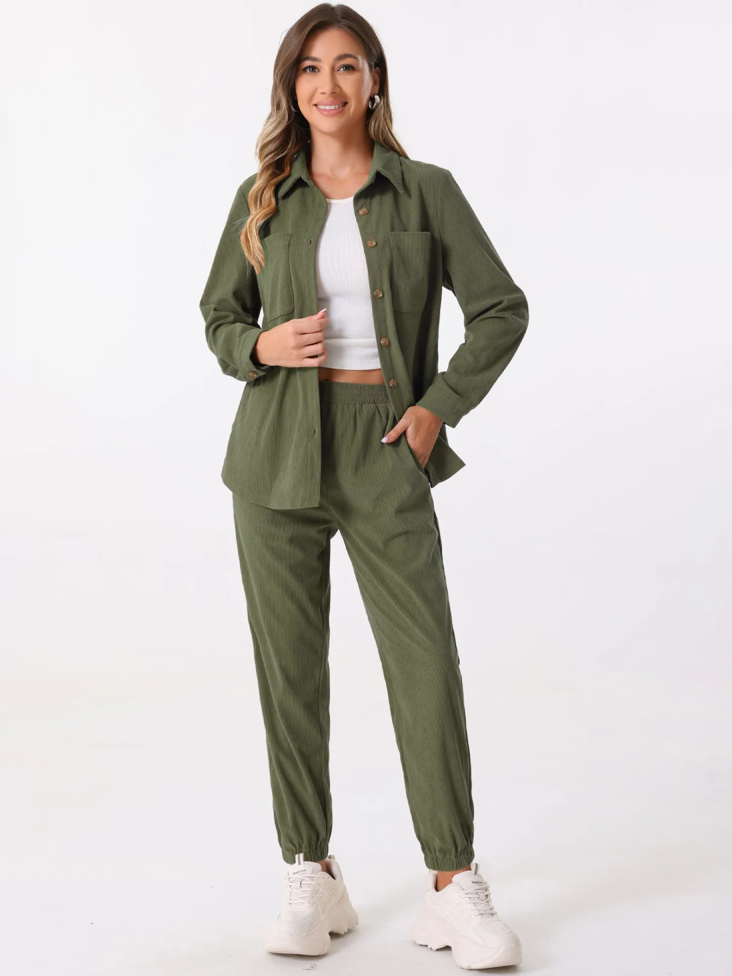 2 Pieces Corduroy Long Sleeve Button Down Shirt & Pocketed Jogger Pants Tracksuit Set sold by Allegra K