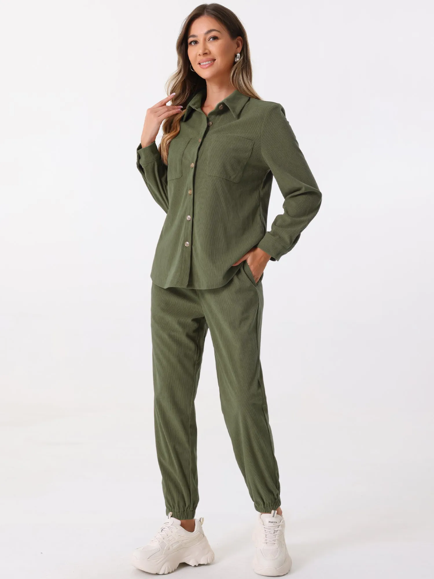 2 Pieces Corduroy Long Sleeve Button Down Shirt & Pocketed Jogger Pants Tracksuit Set sold by Allegra K product image thumbnail 2