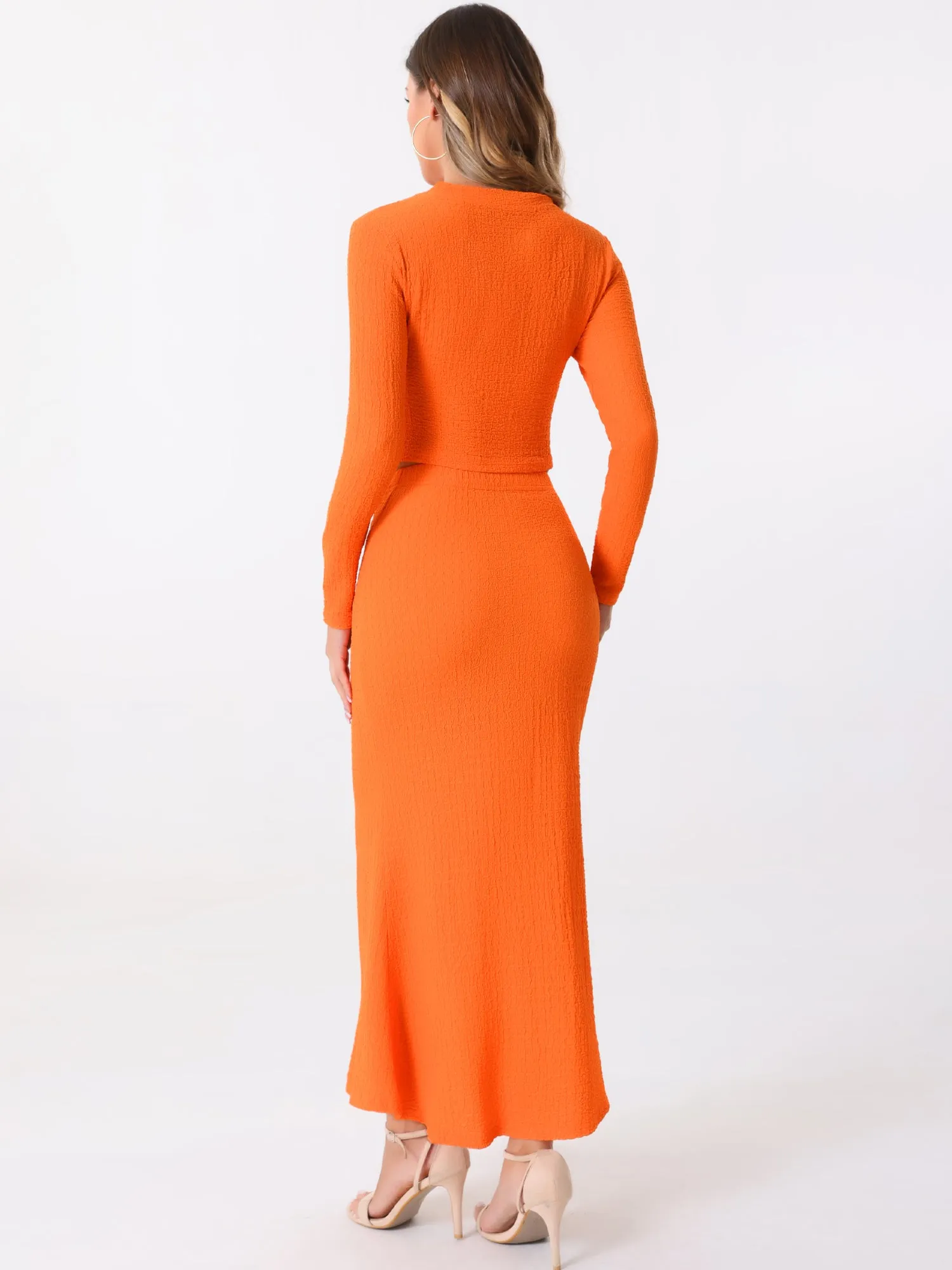 2 Pieces Long Sleeve Textured Cropped Top & High Waist Mermaid Fishtail Maxi Skirt Set sold by Allegra K product image thumbnail 3