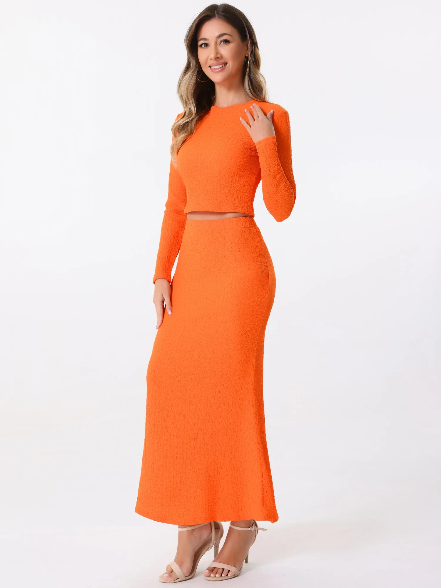 2 Pieces Long Sleeve Textured Cropped Top & High Waist Mermaid Fishtail Maxi Skirt Set sold by Allegra K product image thumbnail 2