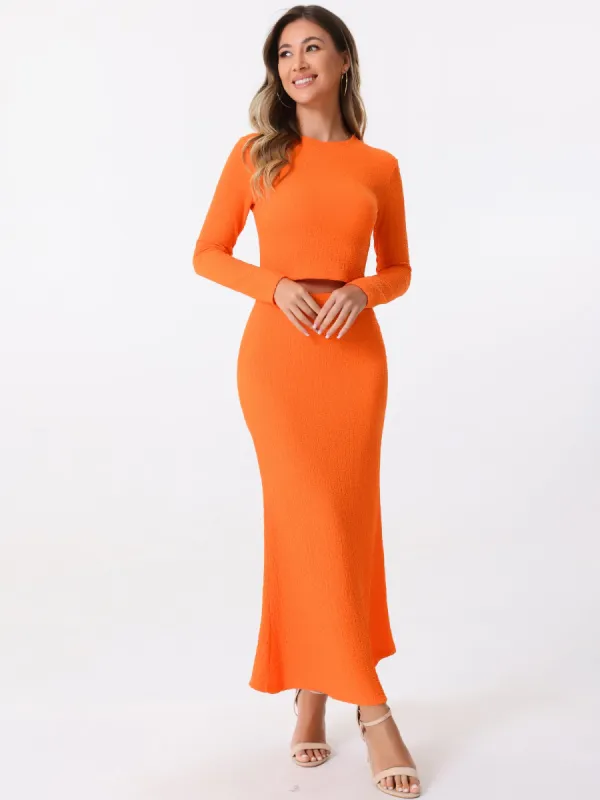 2 Pieces Long Sleeve Textured Cropped Top & High Waist Mermaid Fishtail Maxi Skirt Set sold by Allegra K