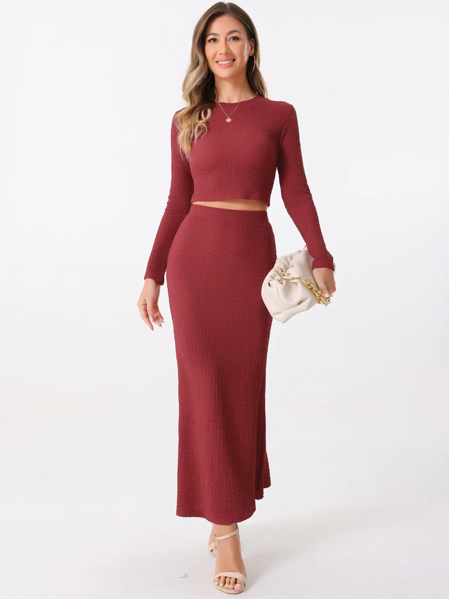 2 Pieces Long Sleeve Textured Cropped Top & High Waist Mermaid Fishtail Maxi Skirt Set sold by Allegra K product image thumbnail 5