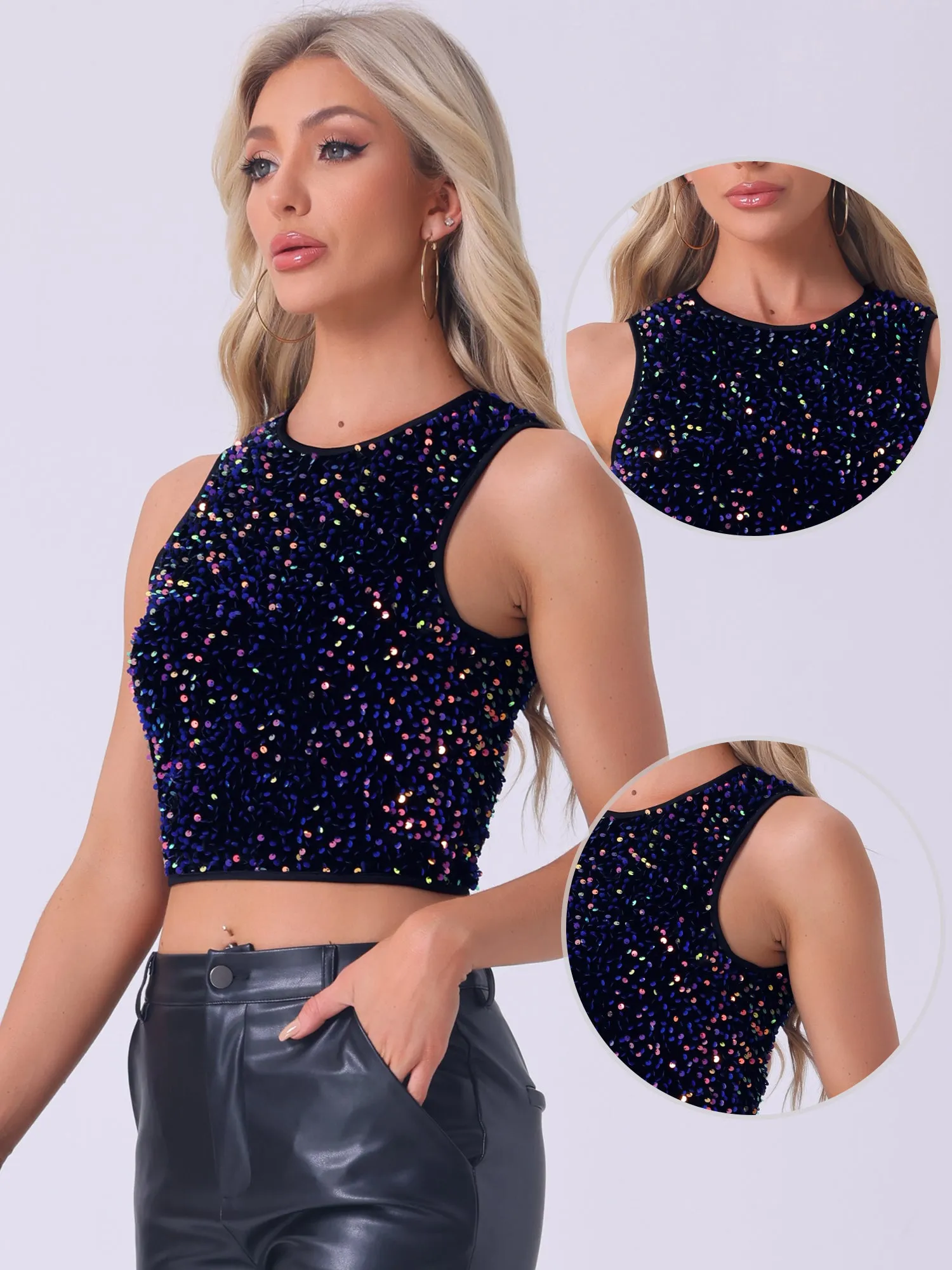 Glitter Sequin Sleeveless Cropped Party Tops sold by Allegra K product image thumbnail 2