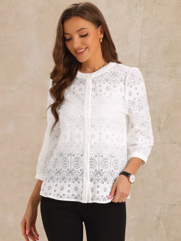 Boho Eyelet 3/4 Puff Sleeves Round Neck Blouse sold by Allegra K