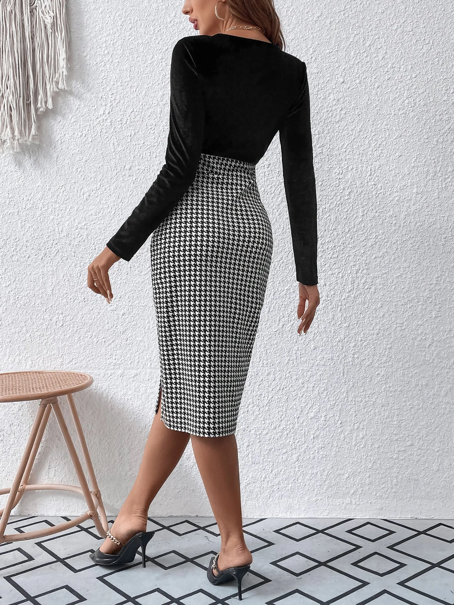 Long Sleeve Velvet Patchwork Houndstooth Slit Midi Sheath Dress sold by Allegra K product image thumbnail 2