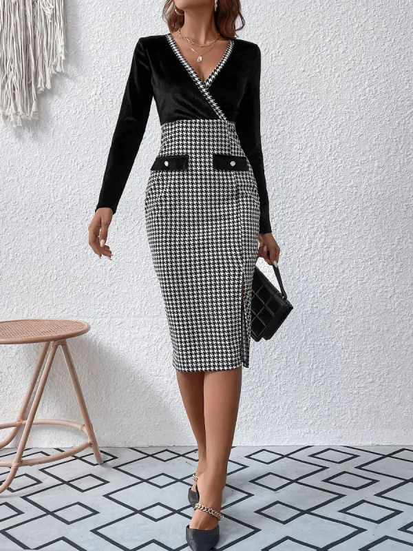 Long Sleeve Velvet Patchwork Houndstooth Slit Midi Sheath Dress sold by Allegra K