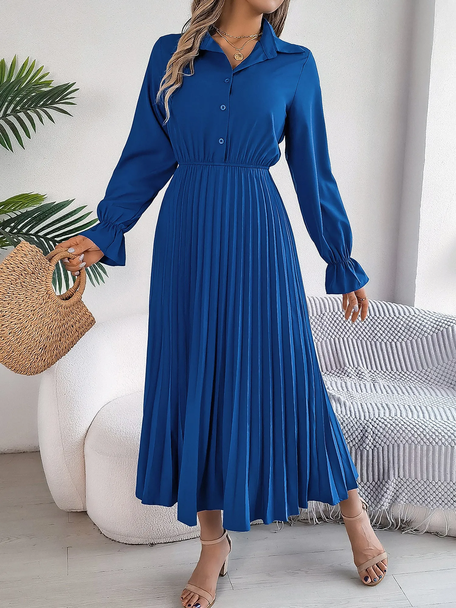 Collar Buttoned Long Sleeve Maxi Pleated Shirt Dress sold by Allegra K product image thumbnail 5