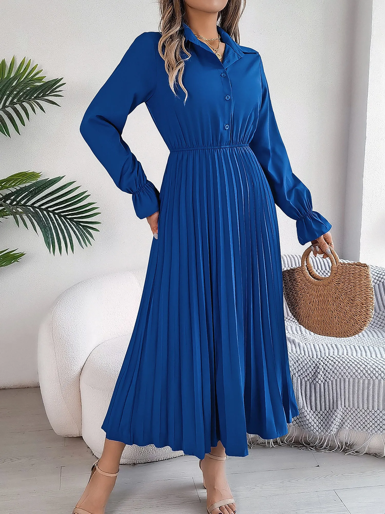 Collar Buttoned Long Sleeve Maxi Pleated Shirt Dress sold by Allegra K product image thumbnail 4