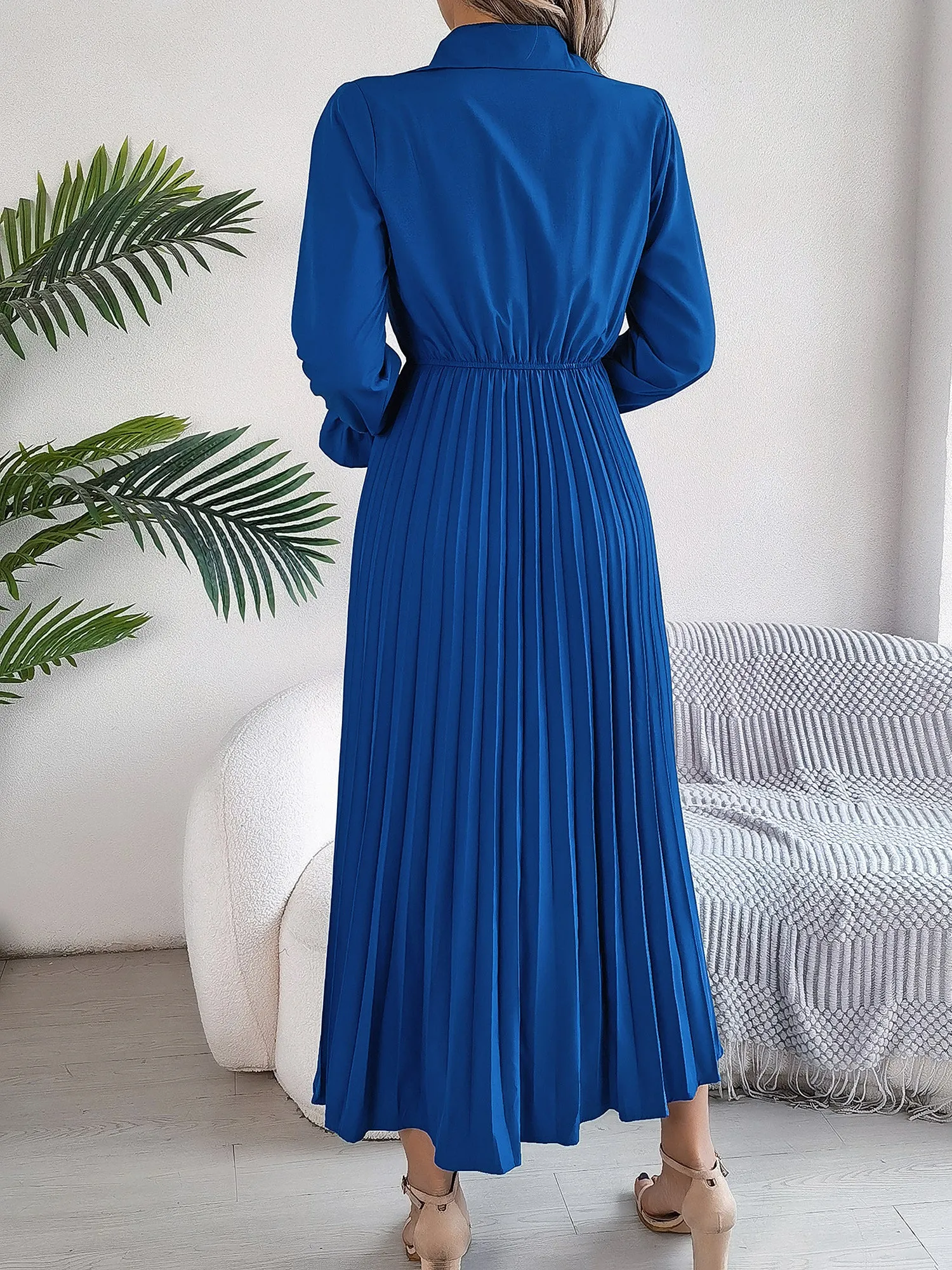 Collar Buttoned Long Sleeve Maxi Pleated Shirt Dress sold by Allegra K product image thumbnail 3