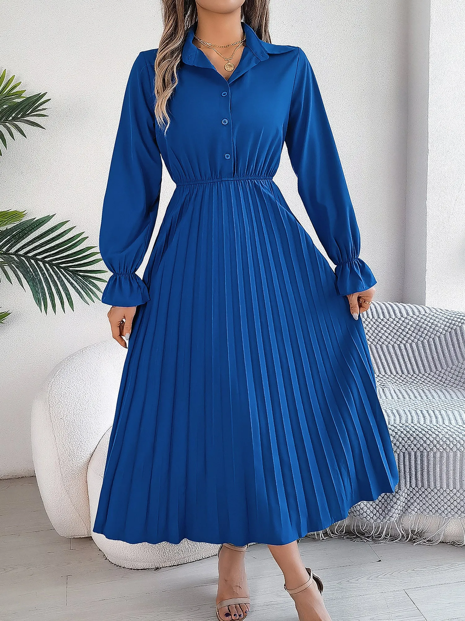 Collar Buttoned Long Sleeve Maxi Pleated Shirt Dress sold by Allegra K product image thumbnail 2
