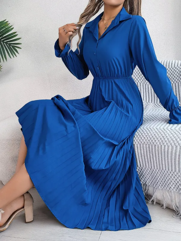 Collar Buttoned Long Sleeve Maxi Pleated Shirt Dress sold by Allegra K