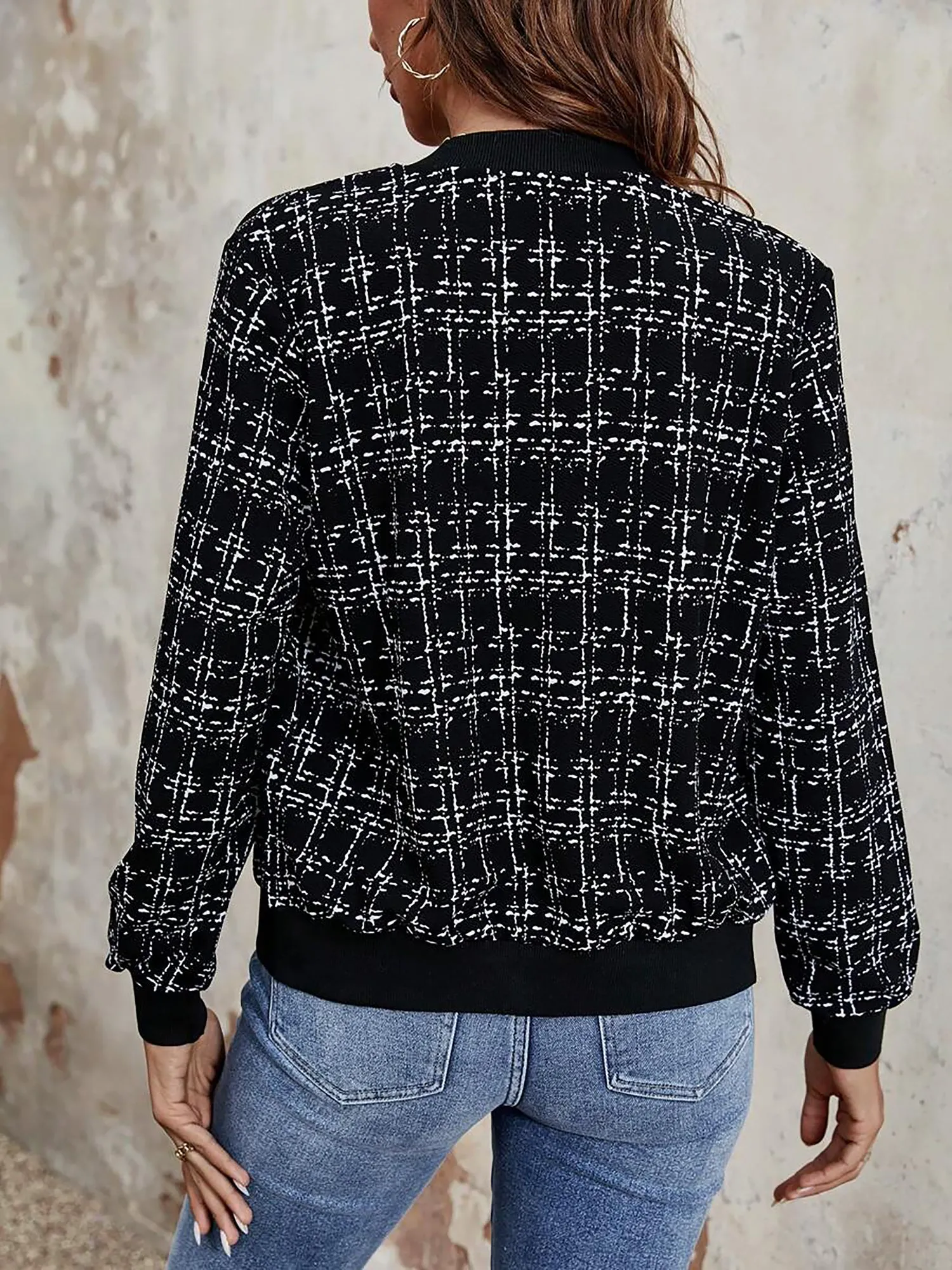 Tweed Plaid Long Sleeves Zipper Bomber Jacket sold by Allegra K product image thumbnail 3