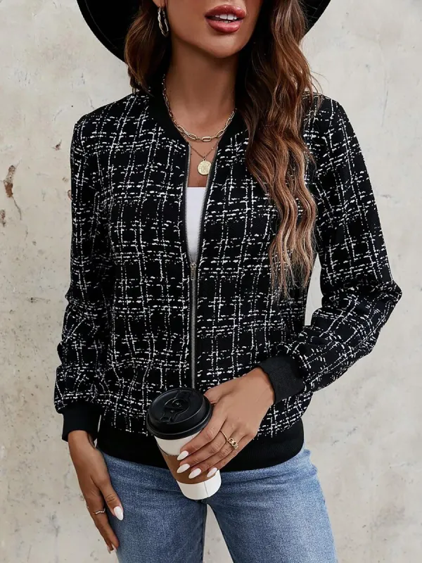 Tweed Plaid Long Sleeves Zipper Bomber Jacket sold by Allegra K