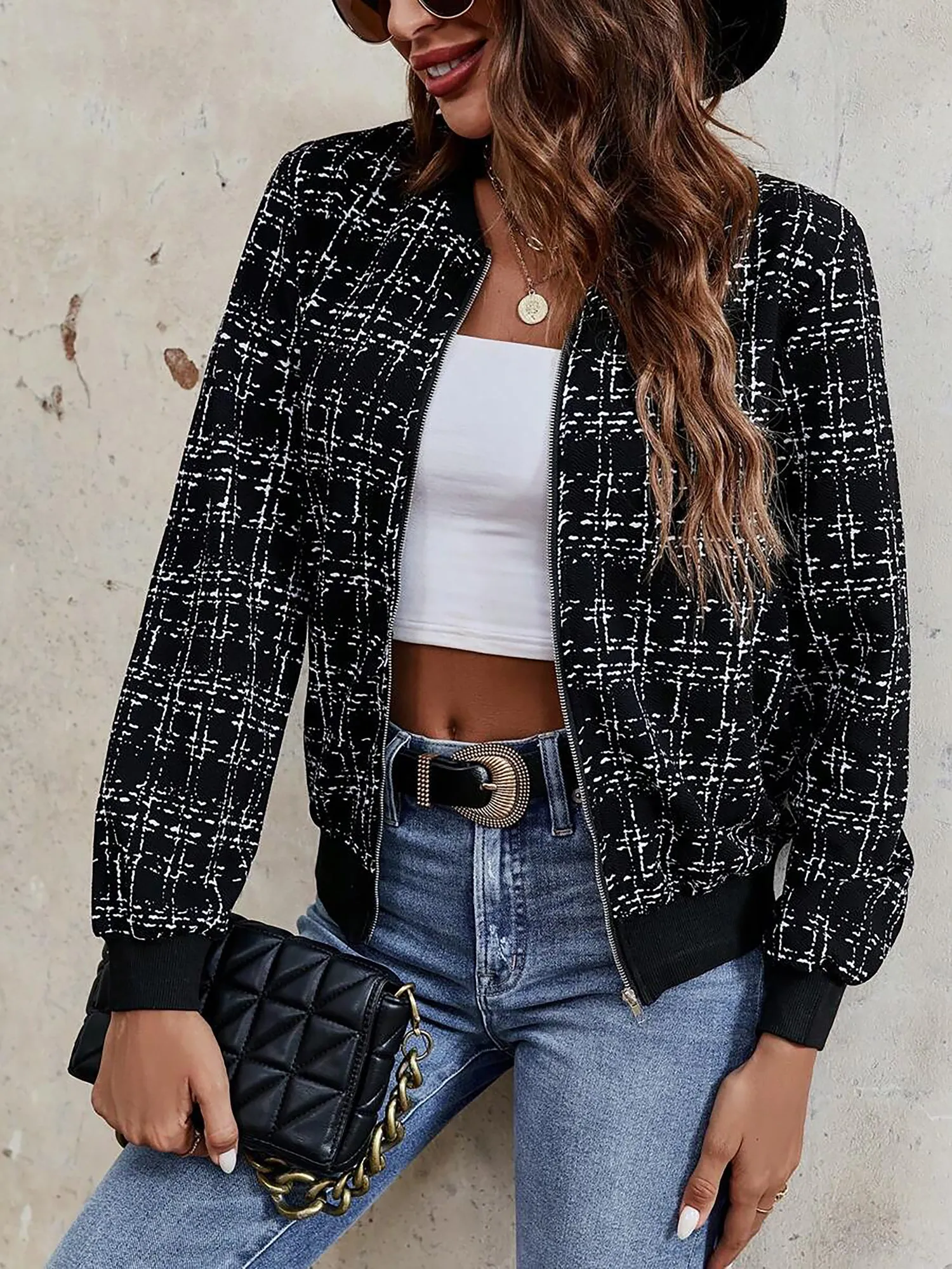 Tweed Plaid Long Sleeves Zipper Bomber Jacket sold by Allegra K product image thumbnail 5