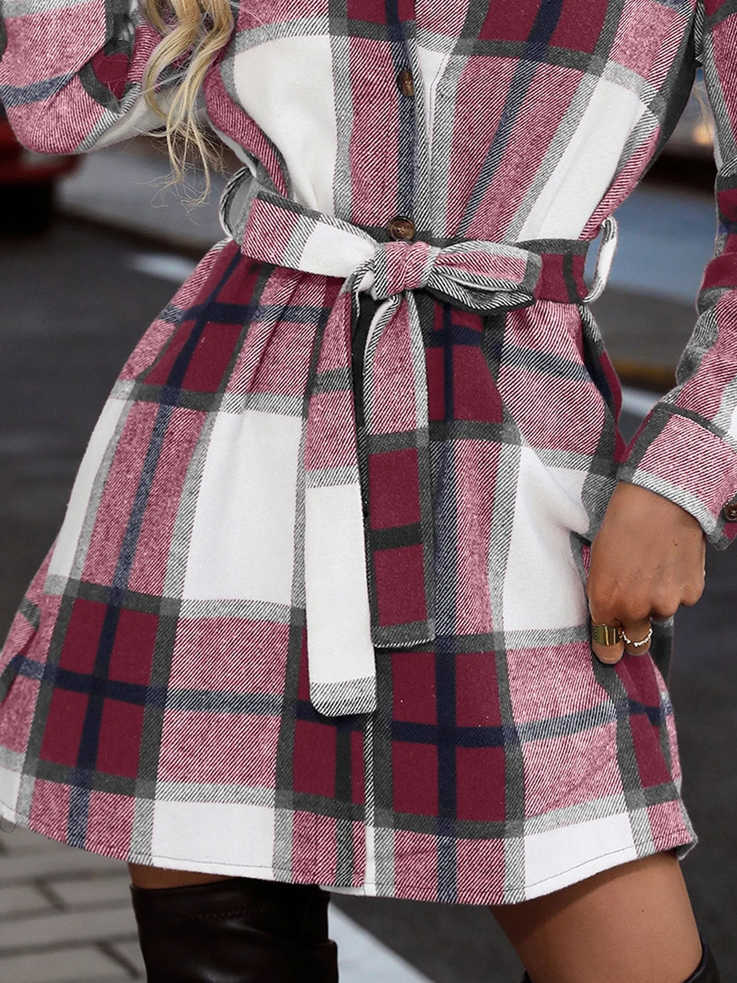 Plaid Long Sleeves Button Down Belted Mini Shirt Dress sold by Allegra K product image thumbnail 3