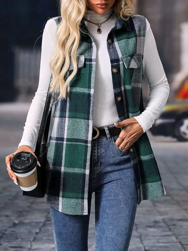 Plaid Sleeveless Button Down Brushed Vest Jacket sold by Allegra K