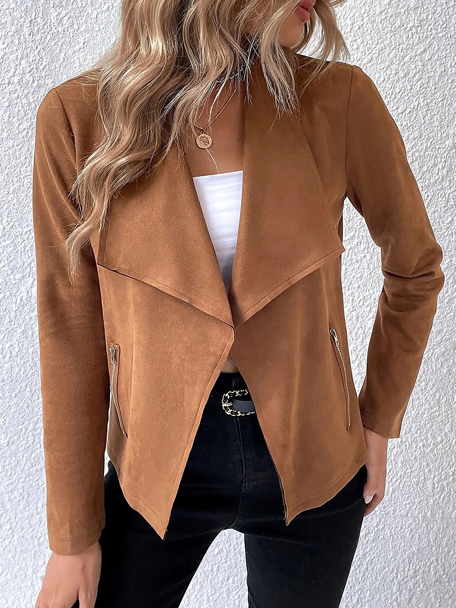 Faux Suede Long Sleeves Open Front Cropped Jacket sold by Allegra K product image thumbnail 2