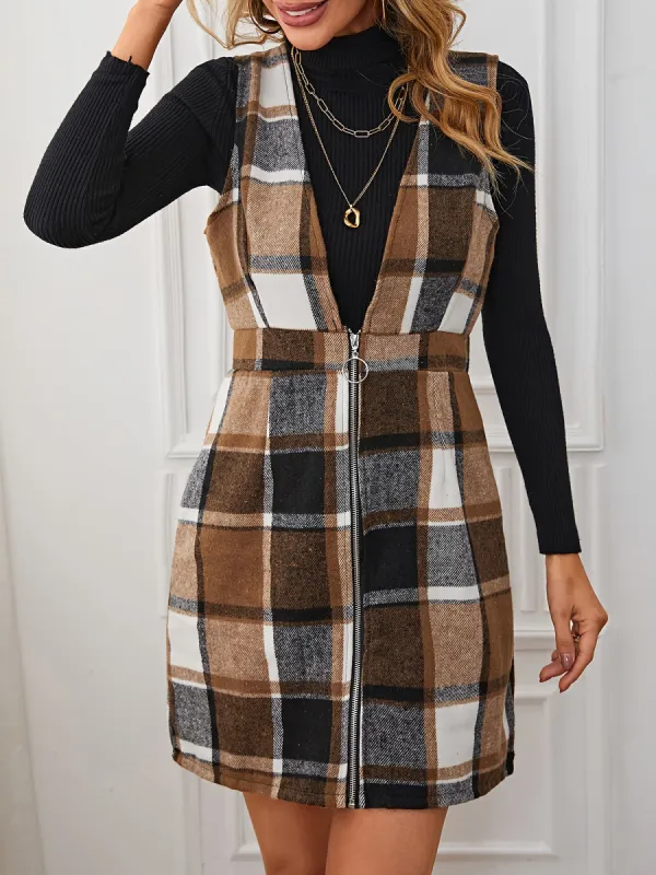 Plaid Sleeveless Zipper Pinafore Overall Mini Dress sold by Allegra K