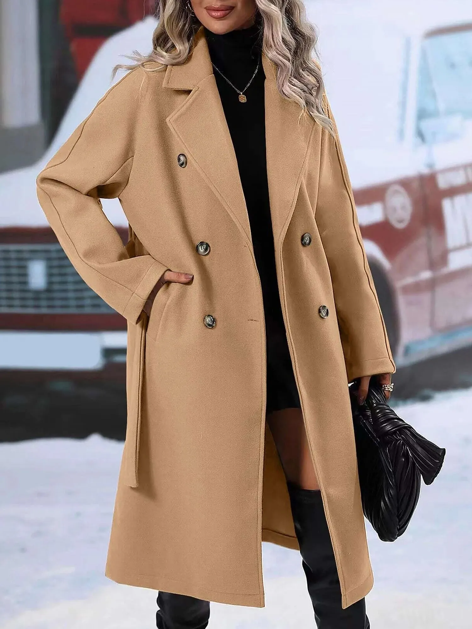Solid Color Notched Lapel Double Breasted Belted Long Pea Coat sold by Allegra K product image thumbnail 3