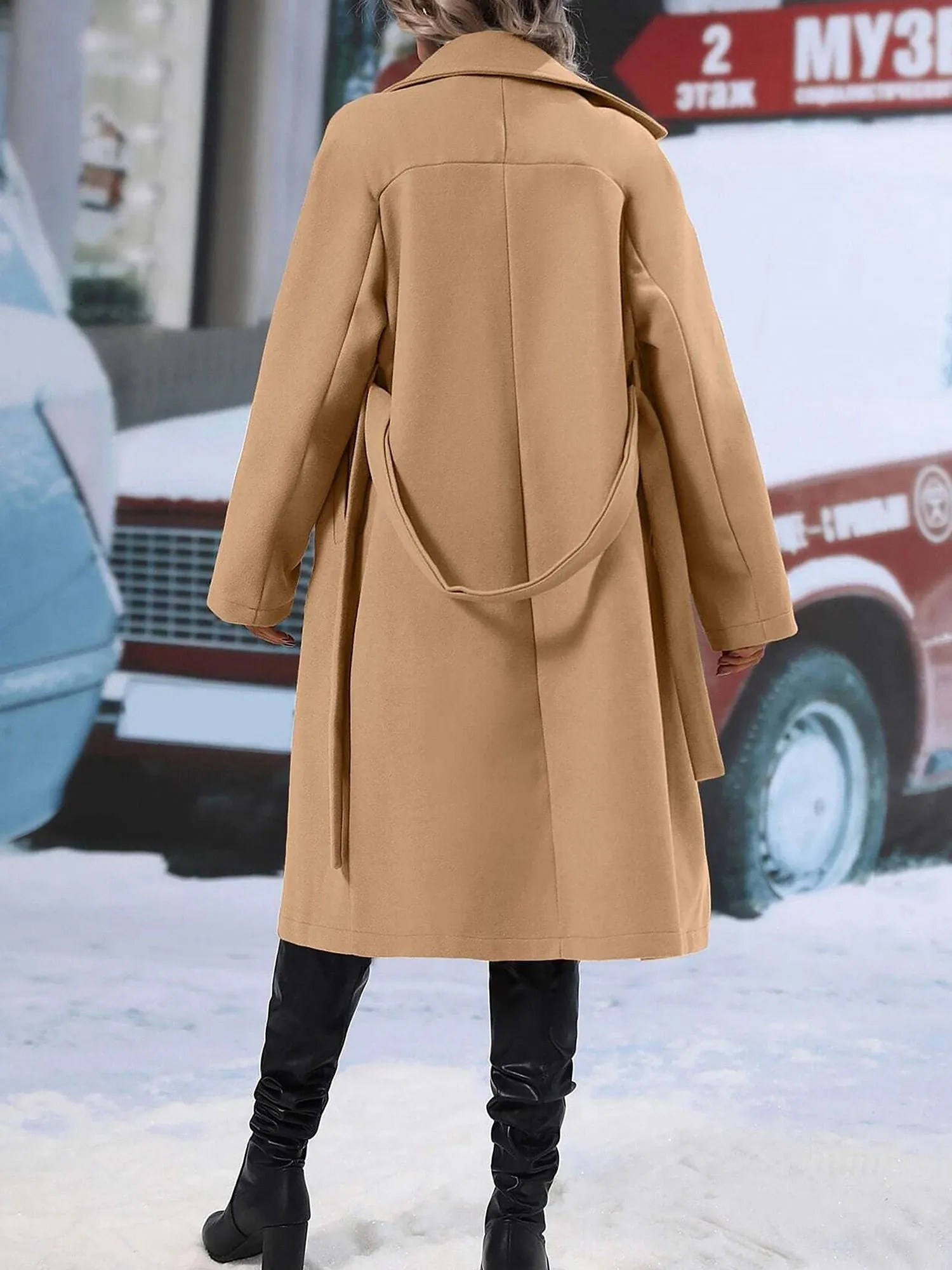 Solid Color Notched Lapel Double Breasted Belted Long Pea Coat sold by Allegra K product image thumbnail 4