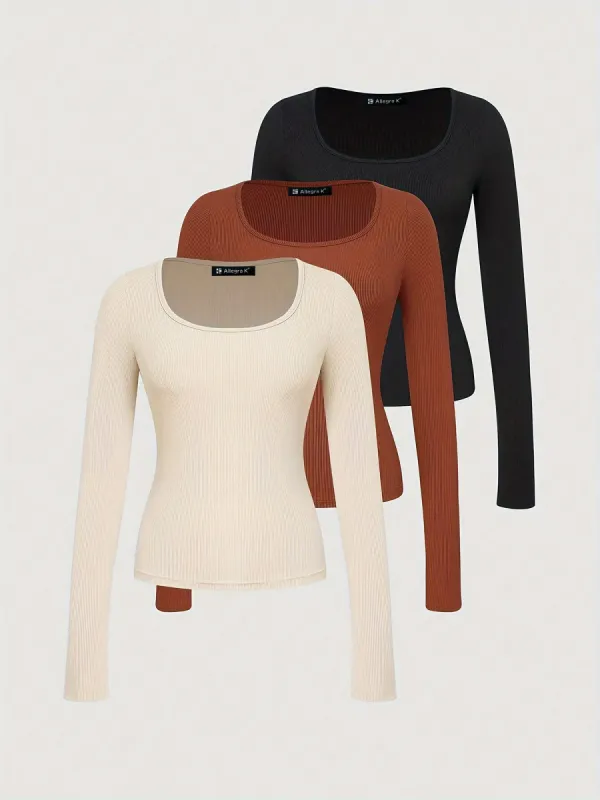 3 Packs Pullover Solid Color Square Neck Long Sleeve Tops sold by Allegra K