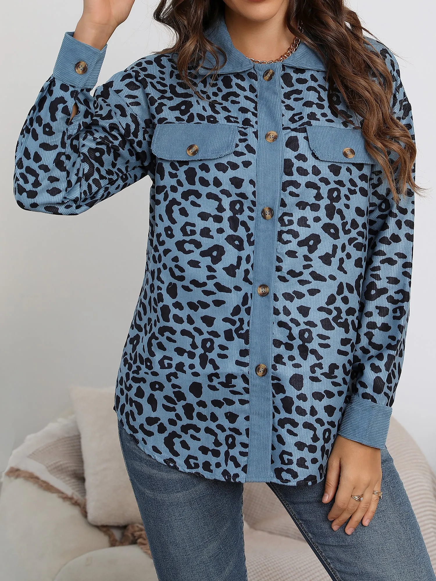 Leopard Textured Long Sleeve Collar Shacket Shirt sold by Allegra K product image thumbnail 4