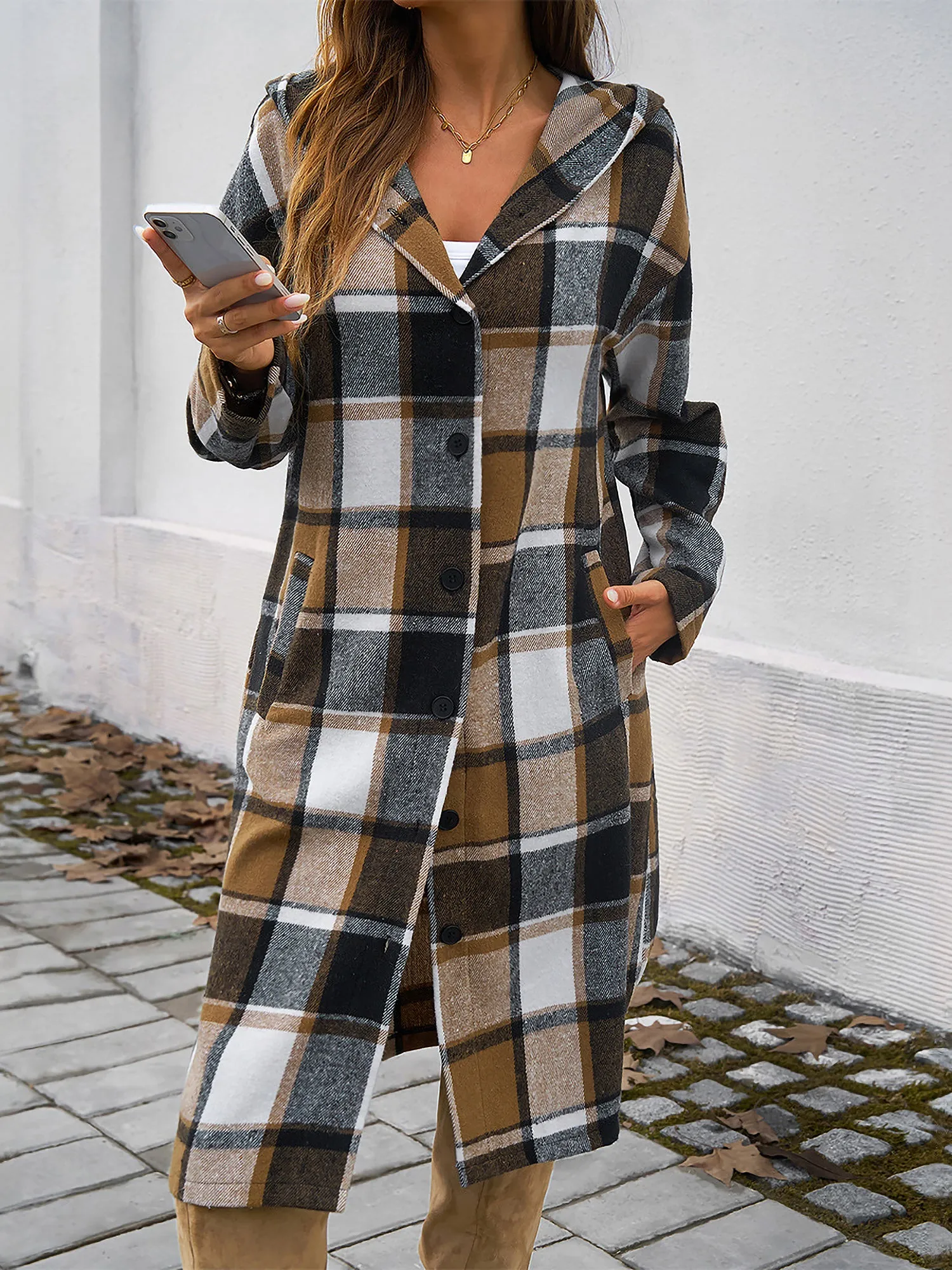 Plaid Long Sleeve Buttoned Brushed Hooded Jacket sold by Allegra K product image thumbnail 2