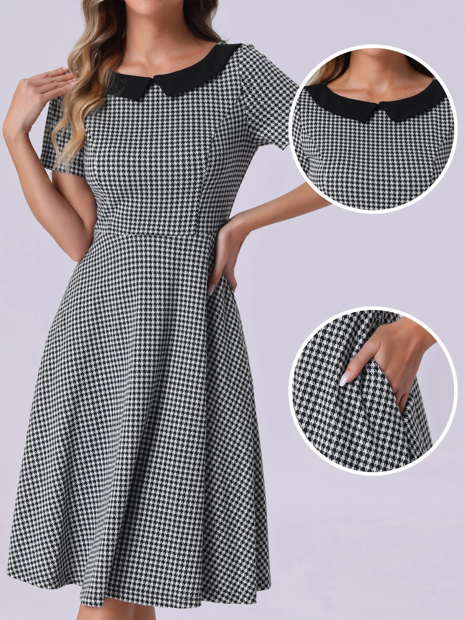 Houndstooth Vintage Peter Pan Collar Short Sleeve A-Line Dress sold by Allegra K product image thumbnail 2