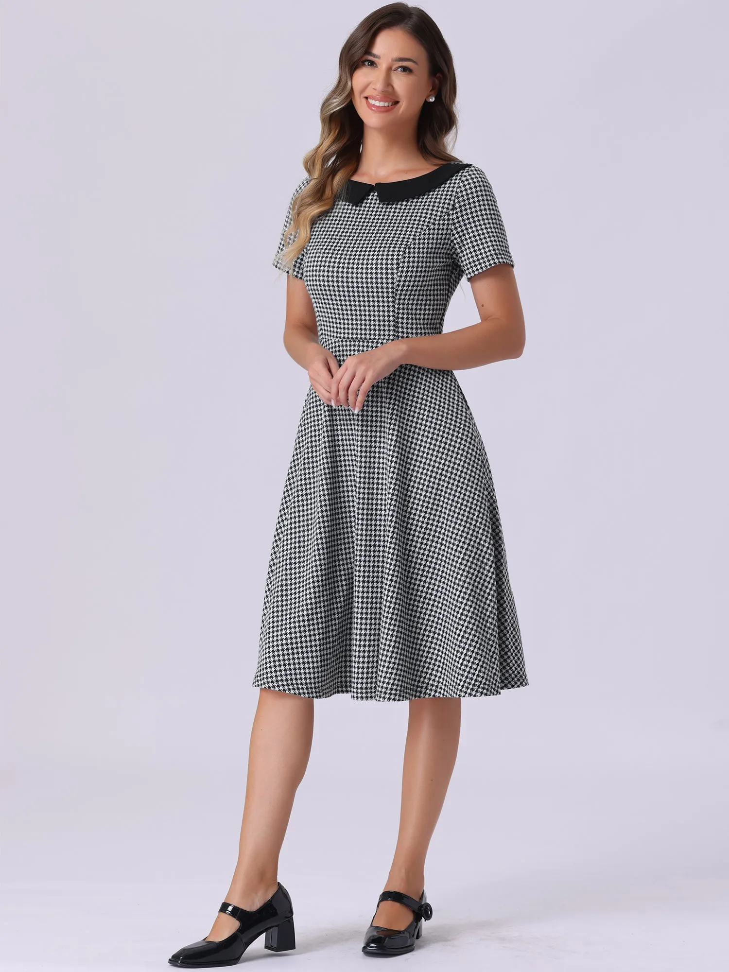 Houndstooth Vintage Peter Pan Collar Short Sleeve A-Line Dress sold by Allegra K