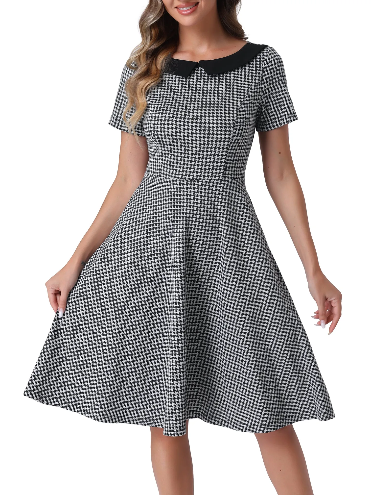 Houndstooth Vintage Peter Pan Collar Short Sleeve A-Line Dress sold by Allegra K product image thumbnail 4