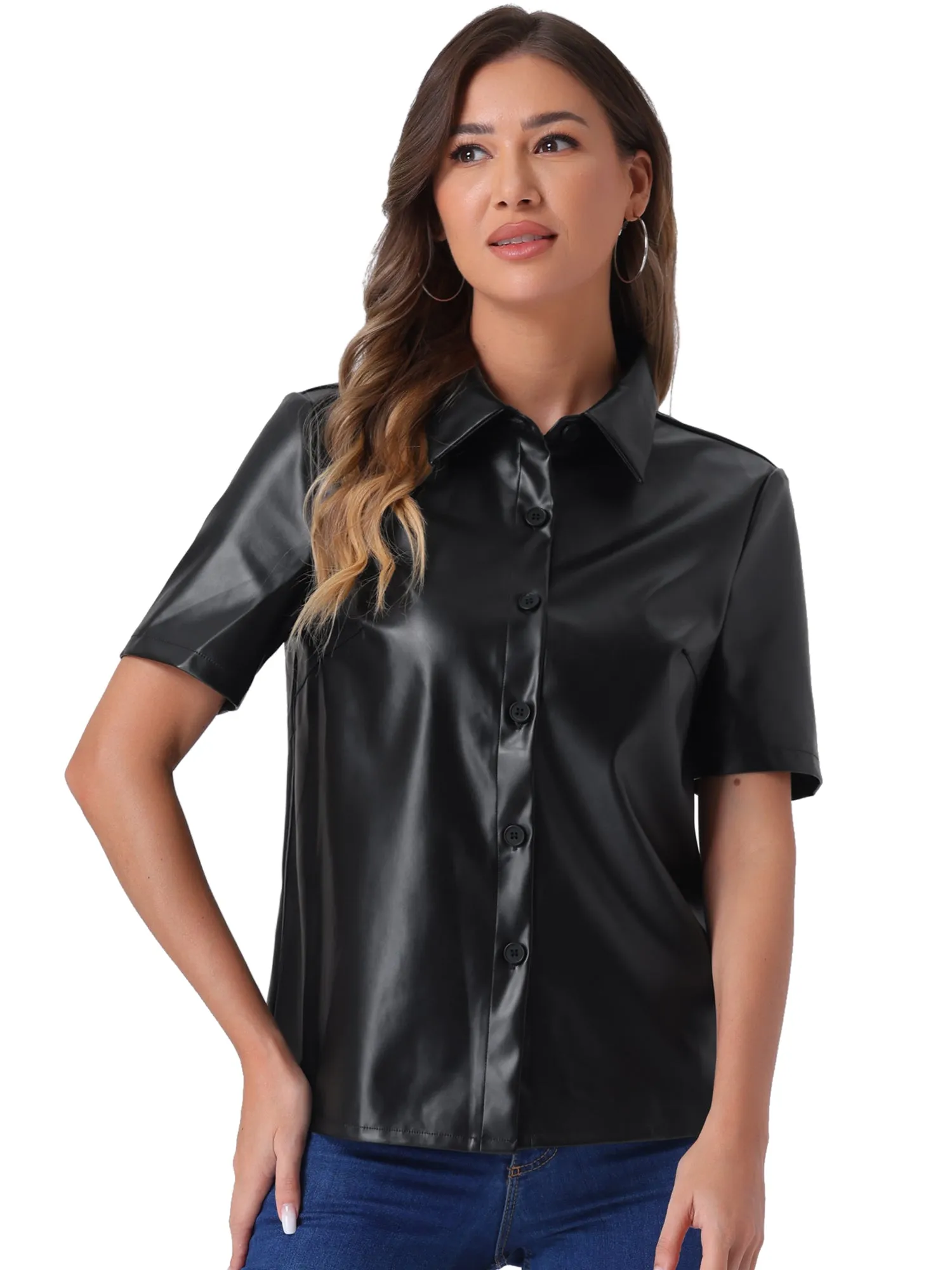 PU Leather Button Down Short Sleeve Collar Blouse sold by Allegra K product image thumbnail 4