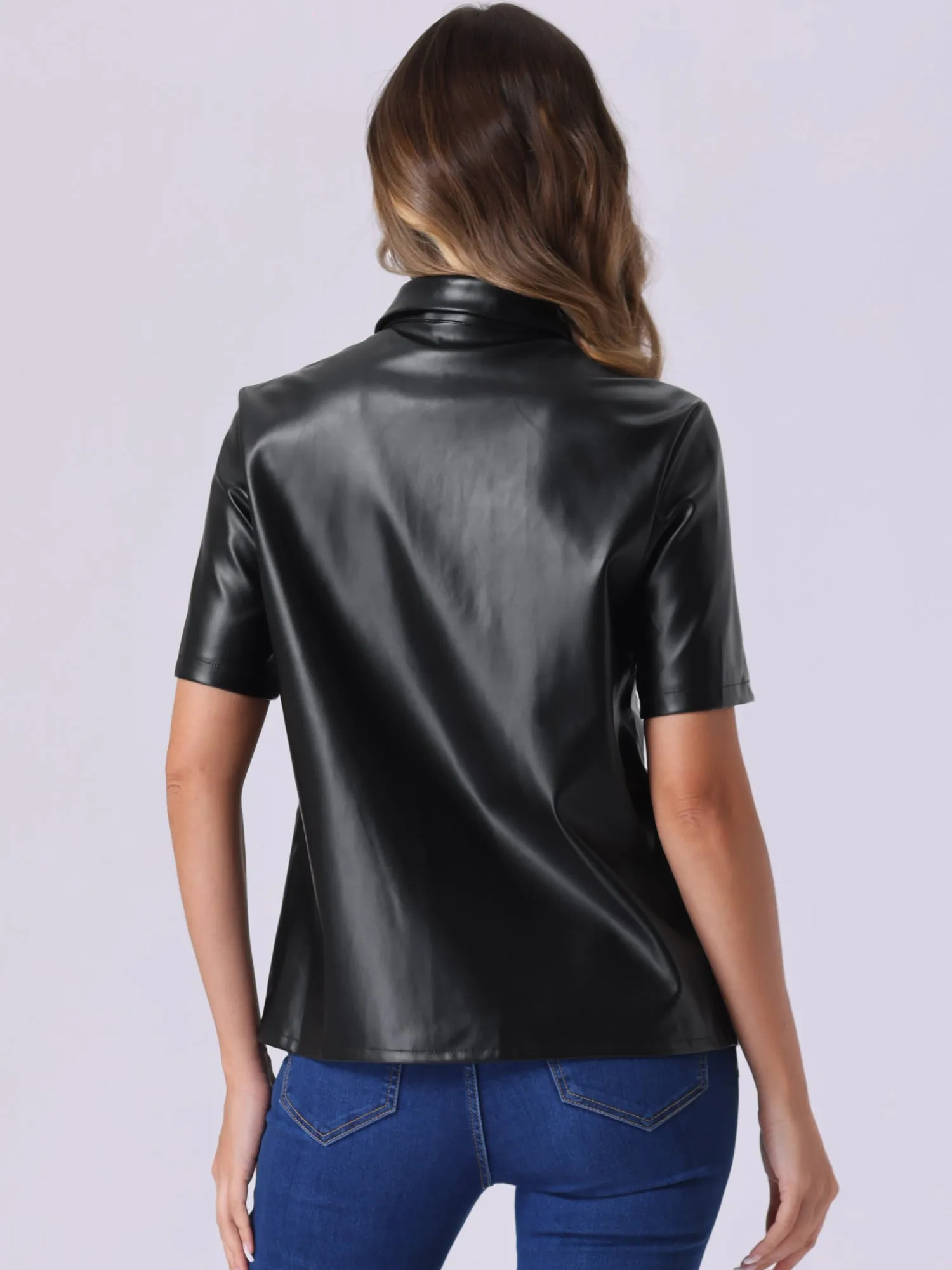 PU Leather Button Down Short Sleeve Collar Blouse sold by Allegra K product image thumbnail 3