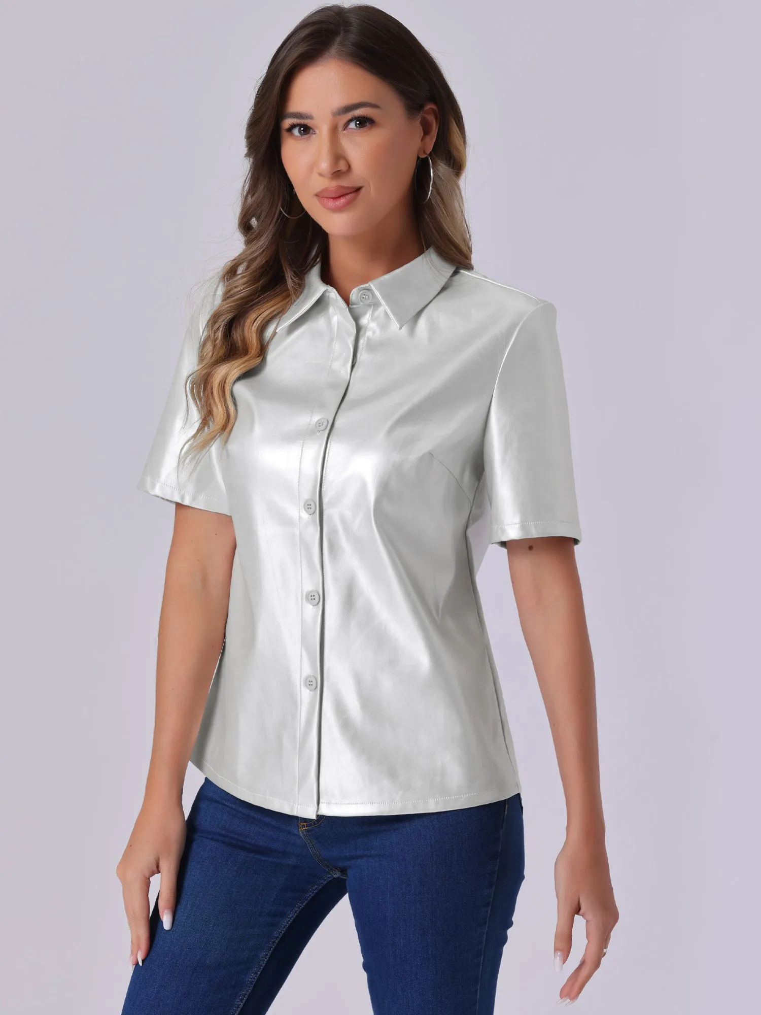 PU Leather Button Down Short Sleeve Collar Blouse sold by Allegra K product image thumbnail 5