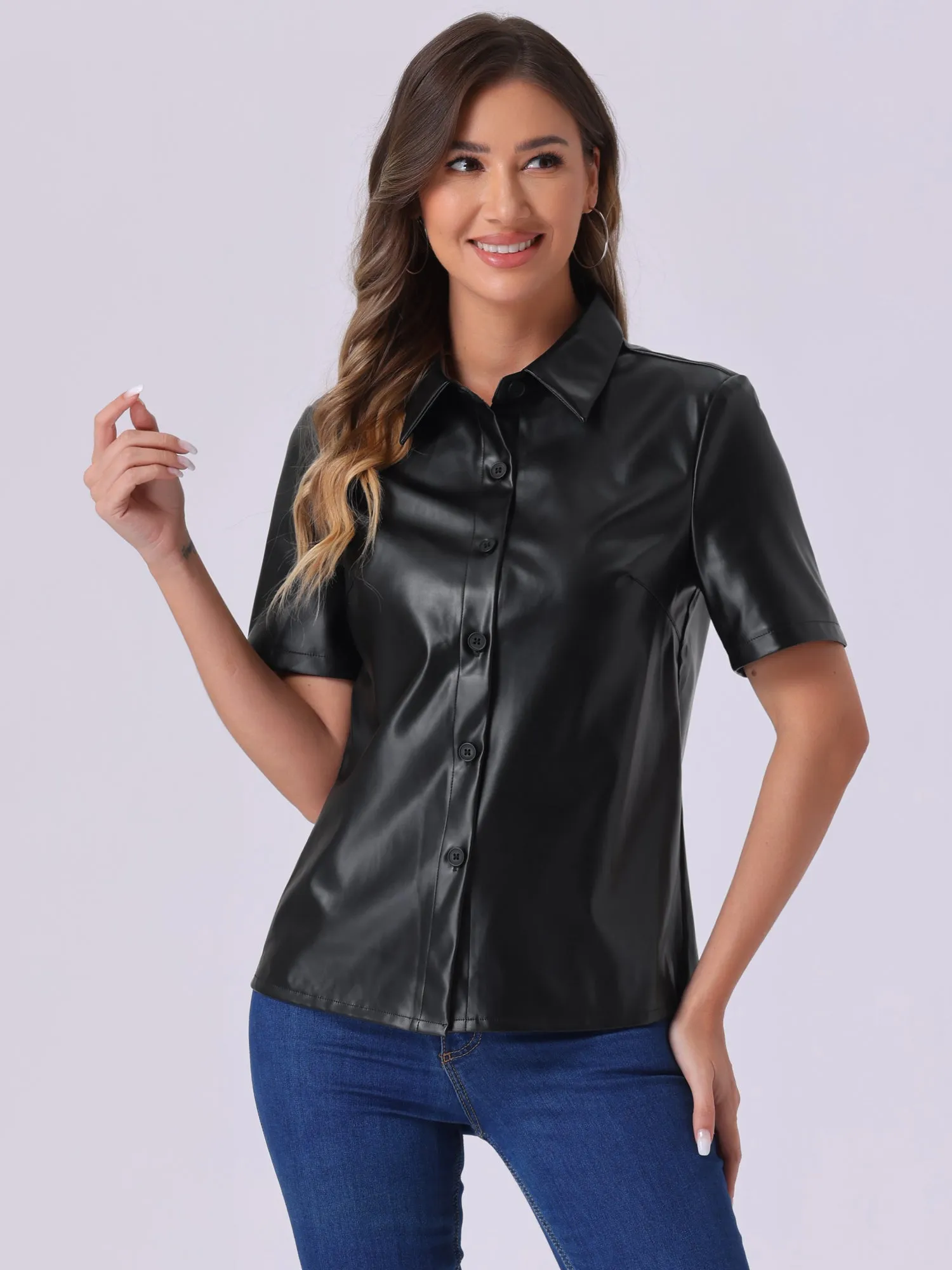PU Leather Button Down Short Sleeve Collar Blouse sold by Allegra K