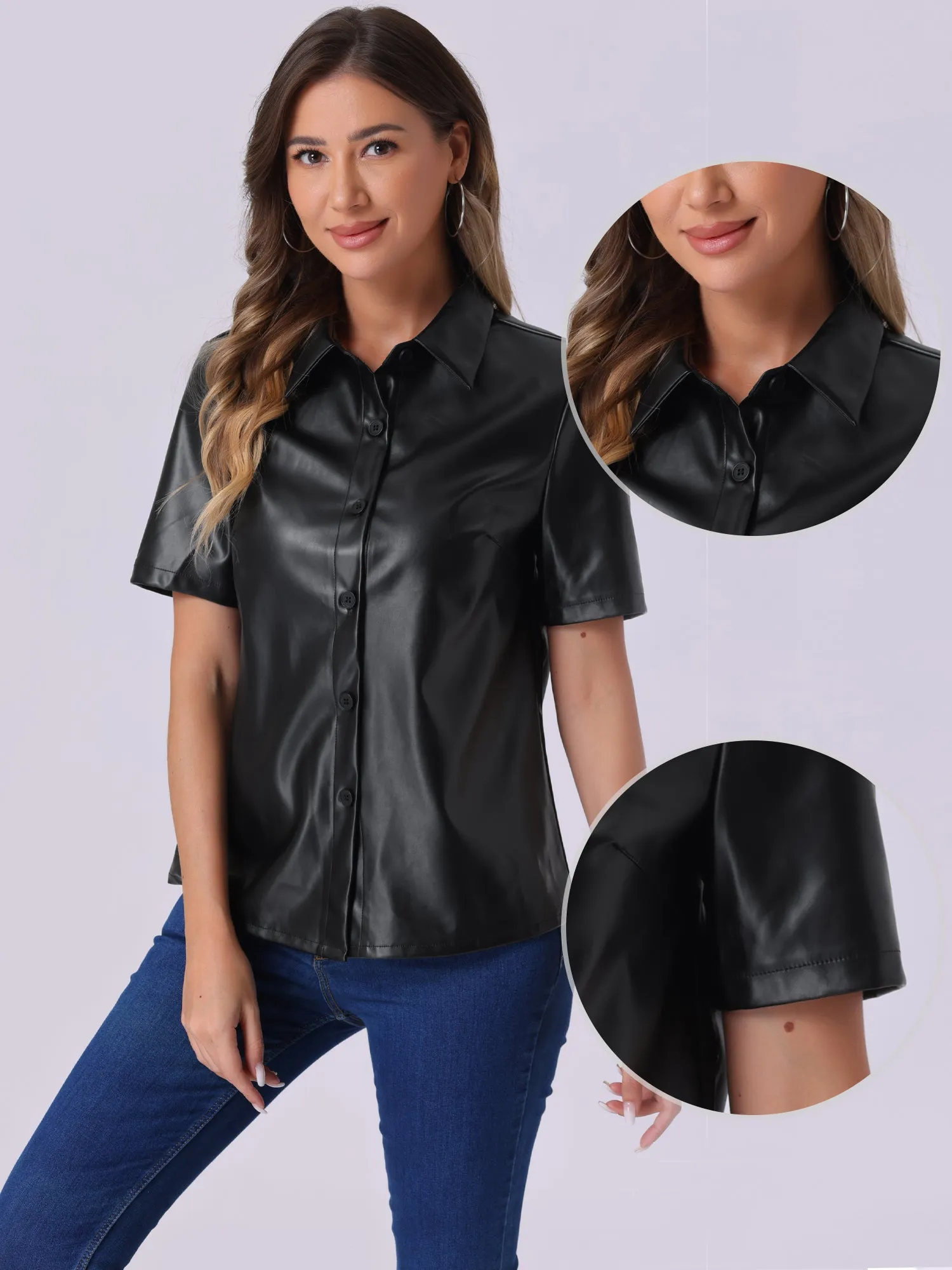 PU Leather Button Down Short Sleeve Collar Blouse sold by Allegra K product image thumbnail 2