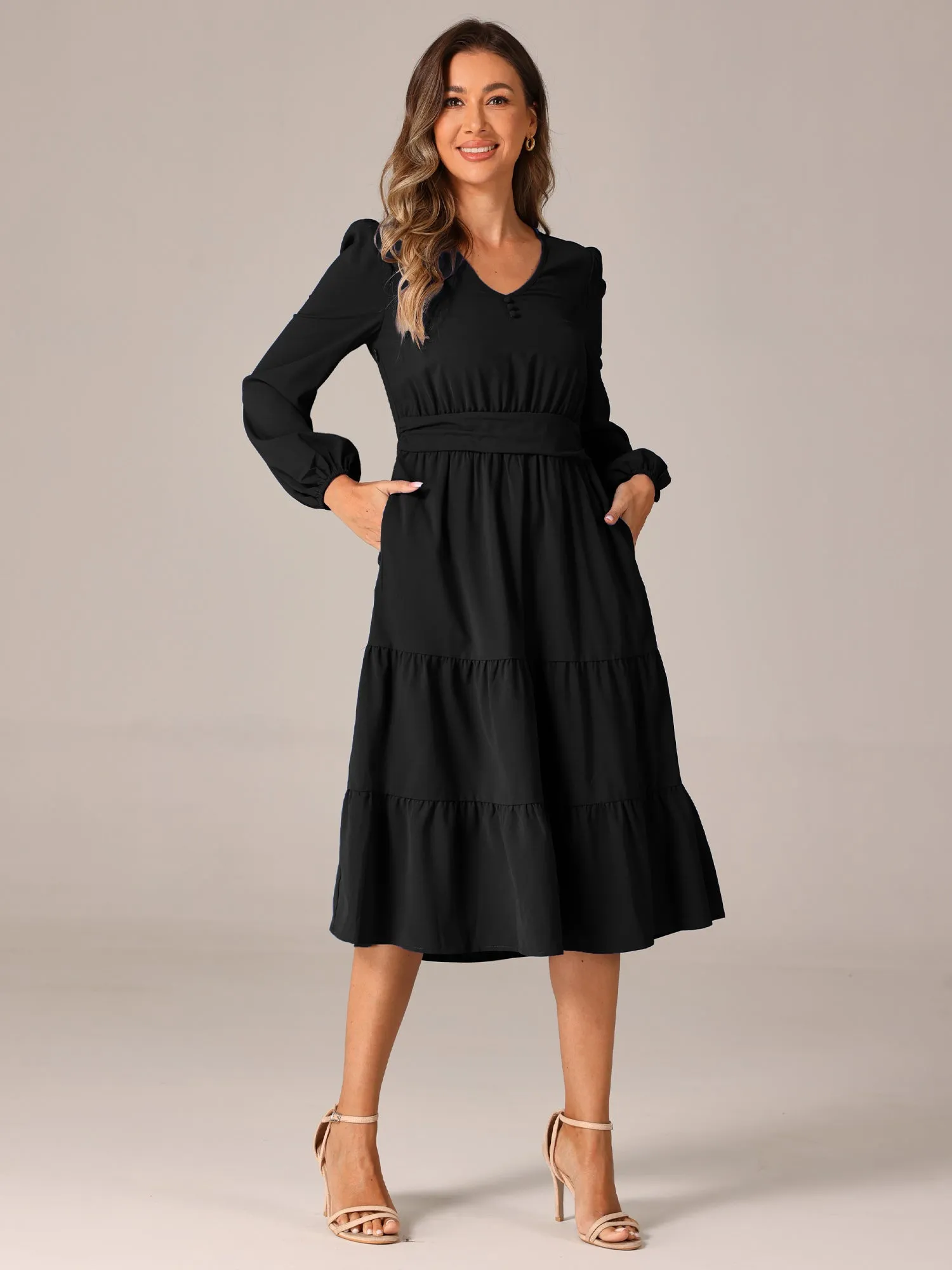 Lantern Sleeve Pocketed Ruffled Tiered A-Line Midi Dress sold by Allegra K product image thumbnail 5