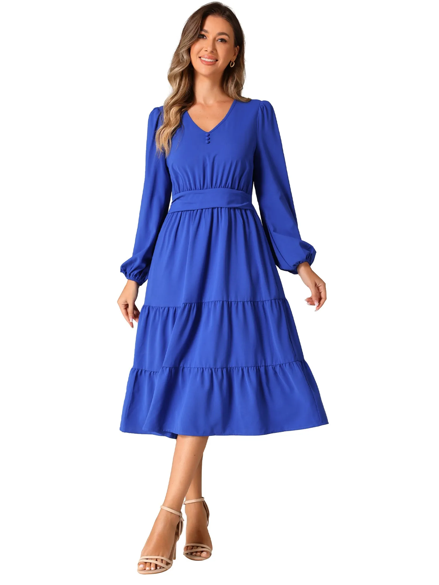 Lantern Sleeve Pocketed Ruffled Tiered A-Line Midi Dress sold by Allegra K product image thumbnail 4