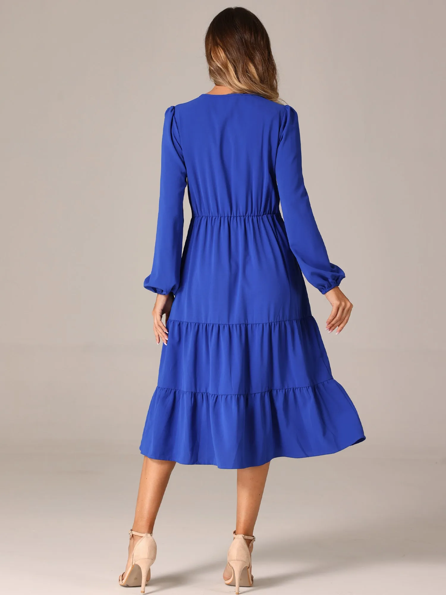 Lantern Sleeve Pocketed Ruffled Tiered A-Line Midi Dress sold by Allegra K product image thumbnail 3
