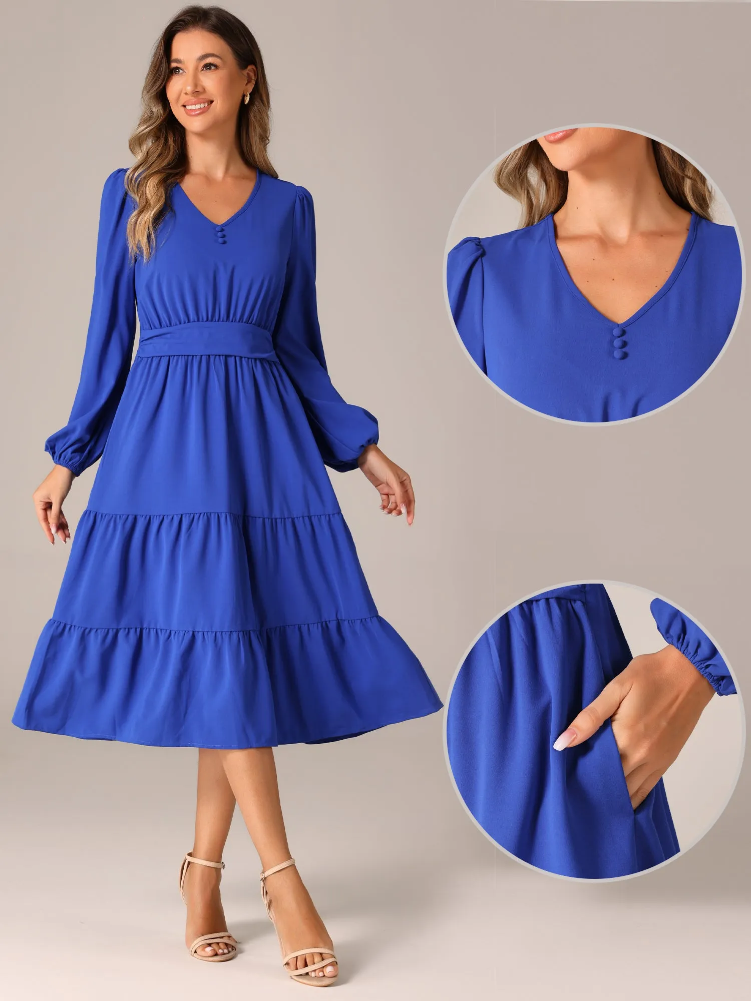 Lantern Sleeve Pocketed Ruffled Tiered A-Line Midi Dress sold by Allegra K product image thumbnail 2
