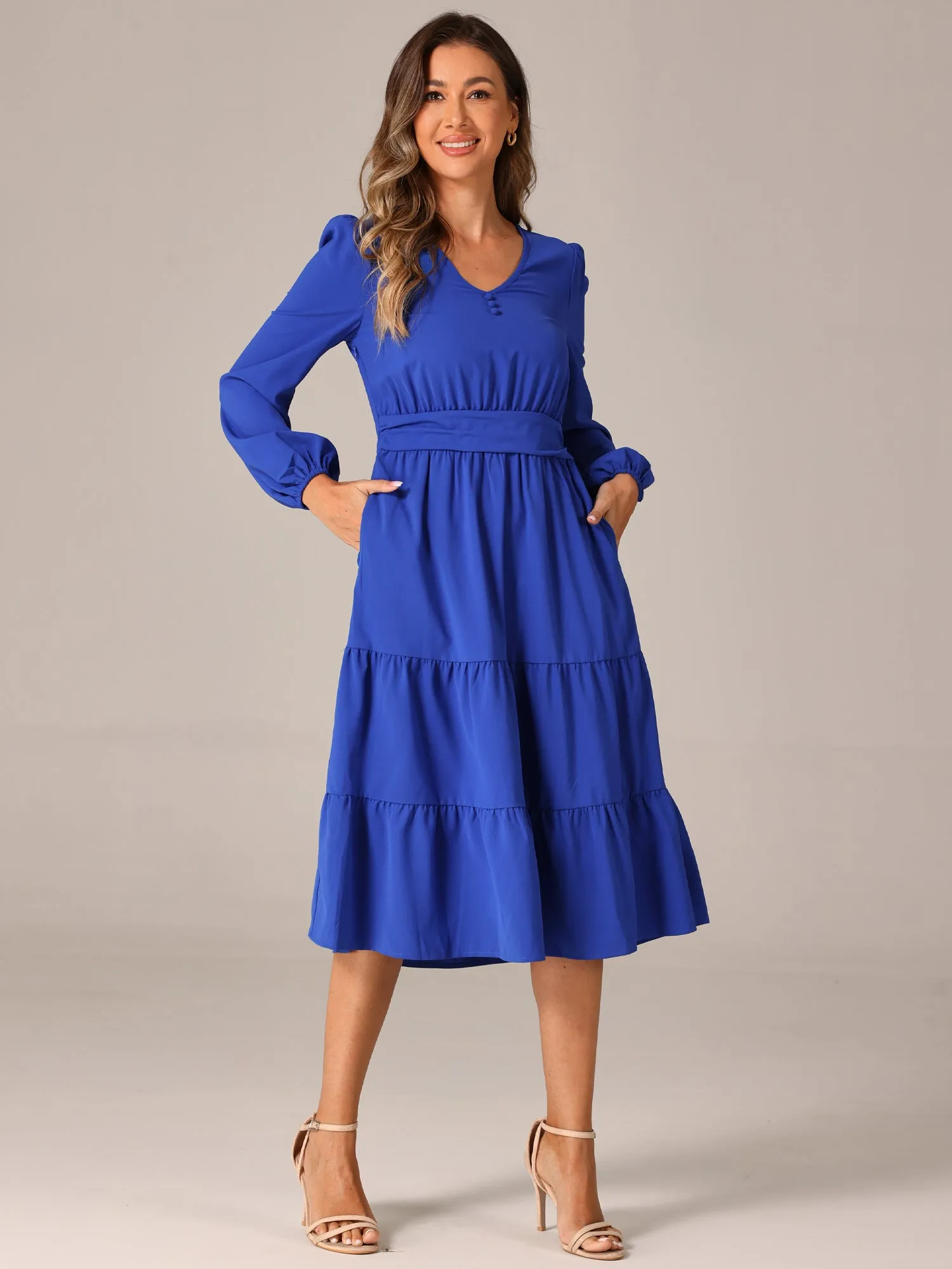 Lantern Sleeve Pocketed Ruffled Tiered A-Line Midi Dress sold by Allegra K