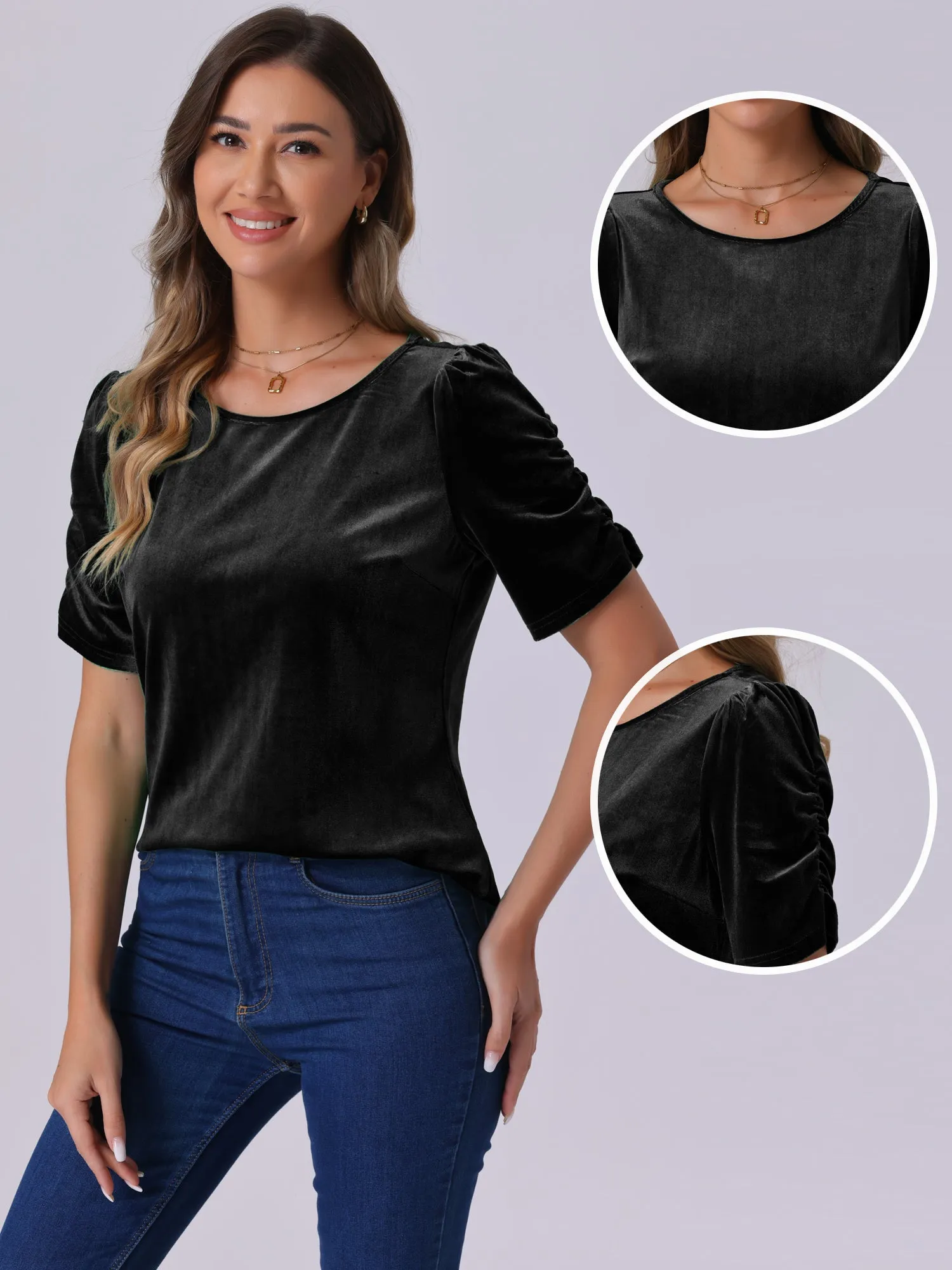 Velvet Round Neck Puff Short Sleeve Casual Blouse sold by Allegra K